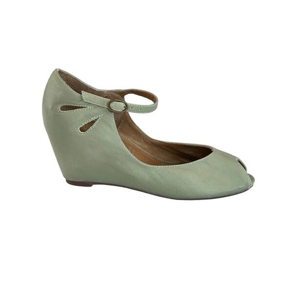 Jeffrey Campbell Regina Wedge Pumps Size 8 Green Leather Peep Toe Ankle Strap - Picture 2 of 8